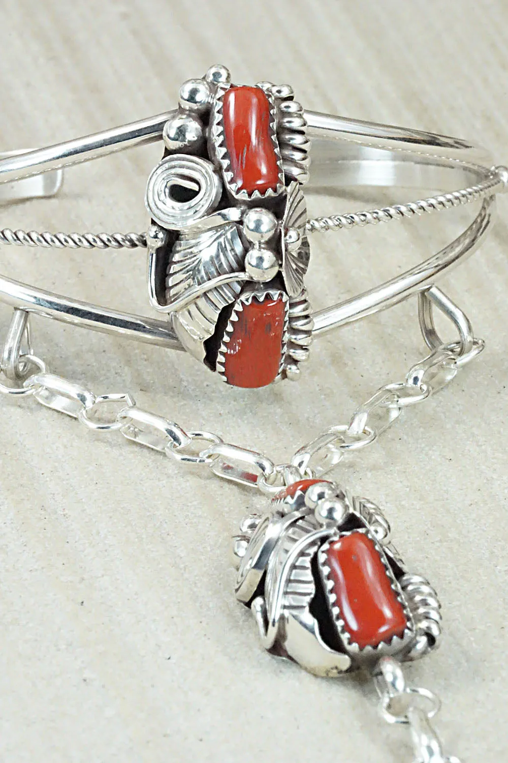 Coral Bracelet and Ring - Max Calladitto - Size 7.5 (Adj.)