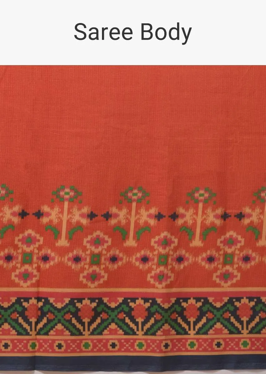 Coral Orange Saree In Silk With Printed Patola Design On The Border Online - Kalki Fashion