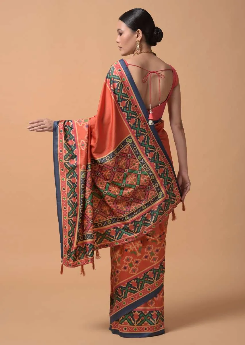 Coral Orange Saree In Silk With Printed Patola Design On The Border Online - Kalki Fashion