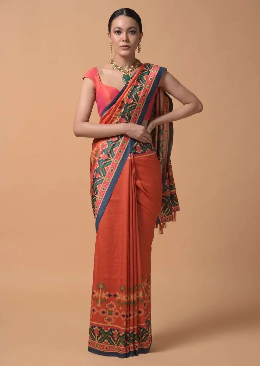 Coral Orange Saree In Silk With Printed Patola Design On The Border Online - Kalki Fashion