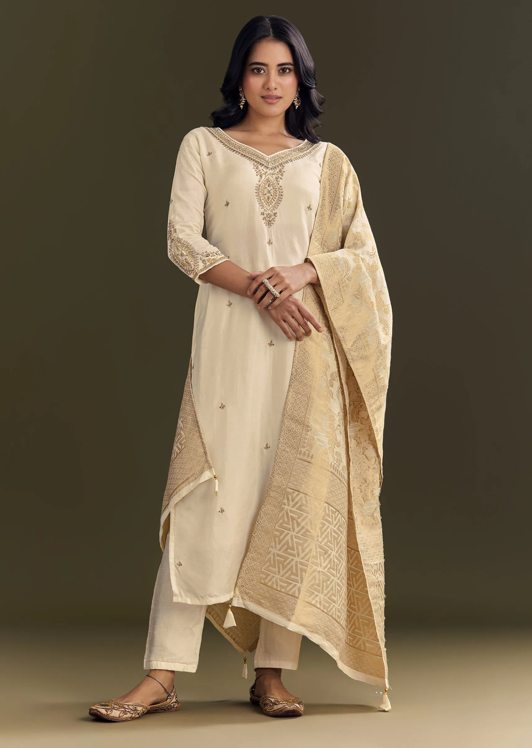 Cream Silk Embroidered Kurta Pant With Banarasi Dupatta