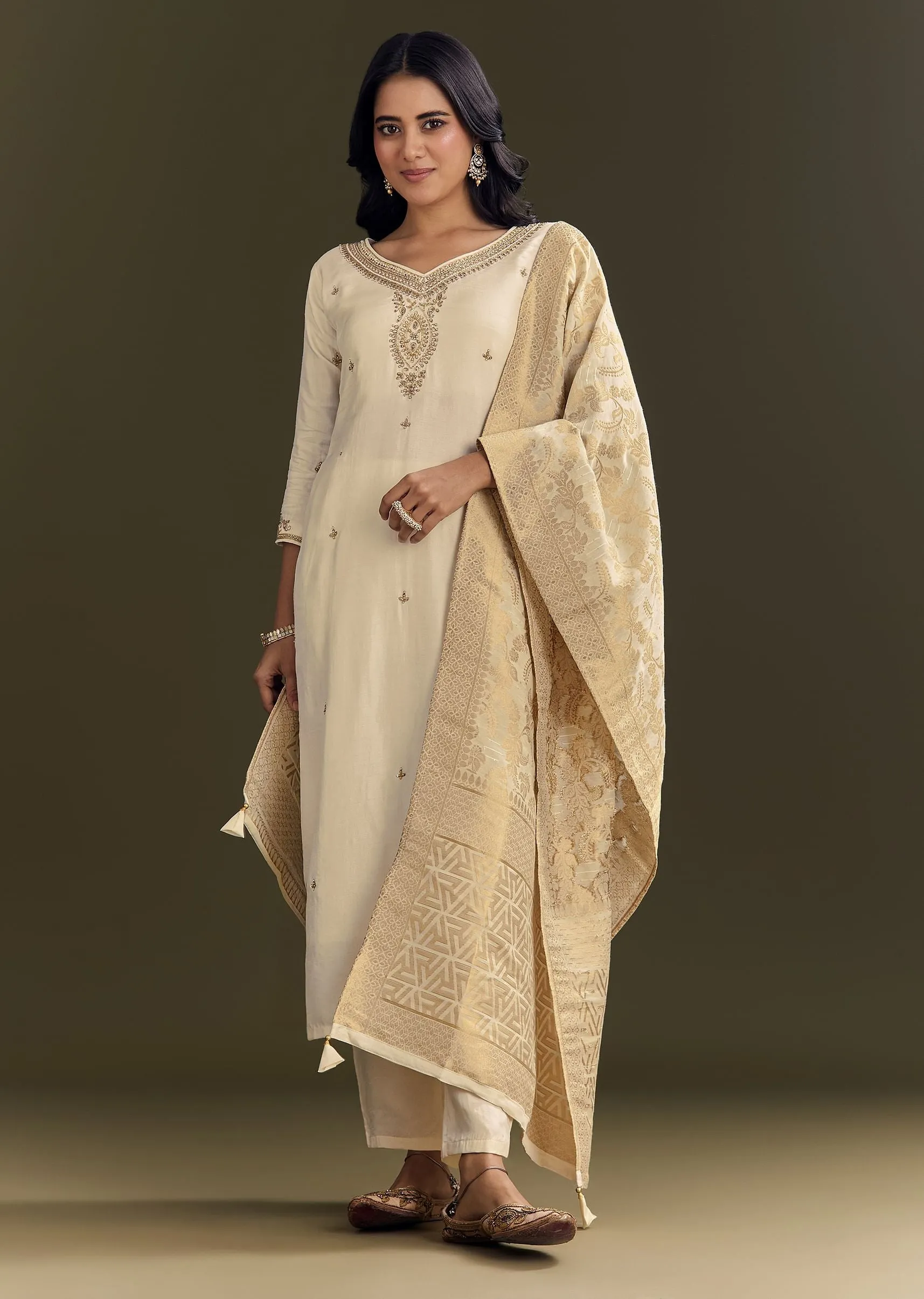 Cream Silk Embroidered Kurta Pant With Banarasi Dupatta