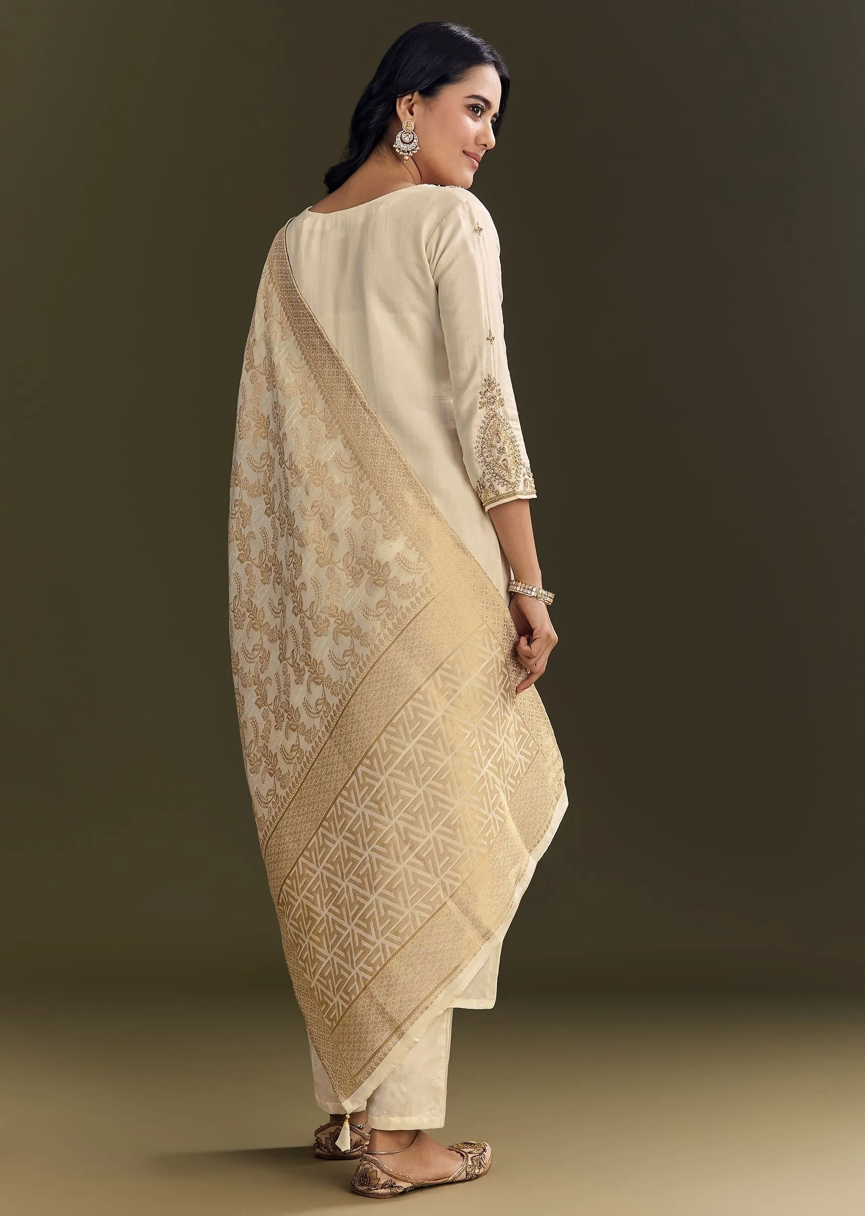 Cream Silk Embroidered Kurta Pant With Banarasi Dupatta
