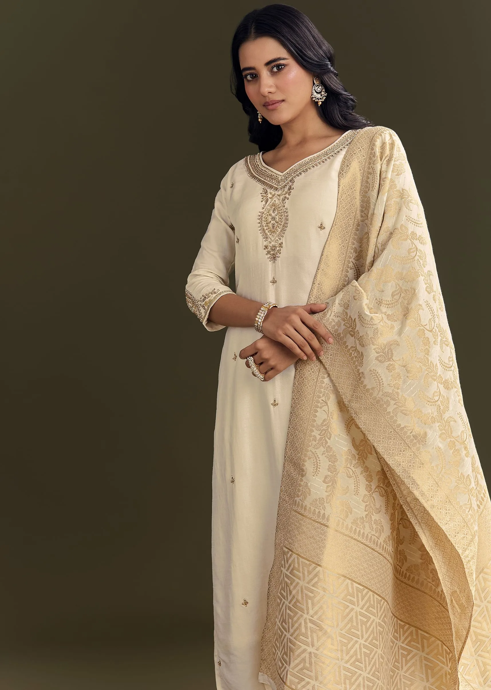 Cream Silk Embroidered Kurta Pant With Banarasi Dupatta