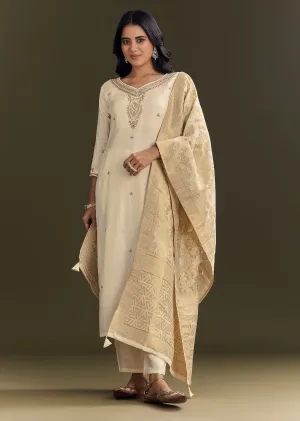 Cream Silk Embroidered Kurta Pant With Banarasi Dupatta