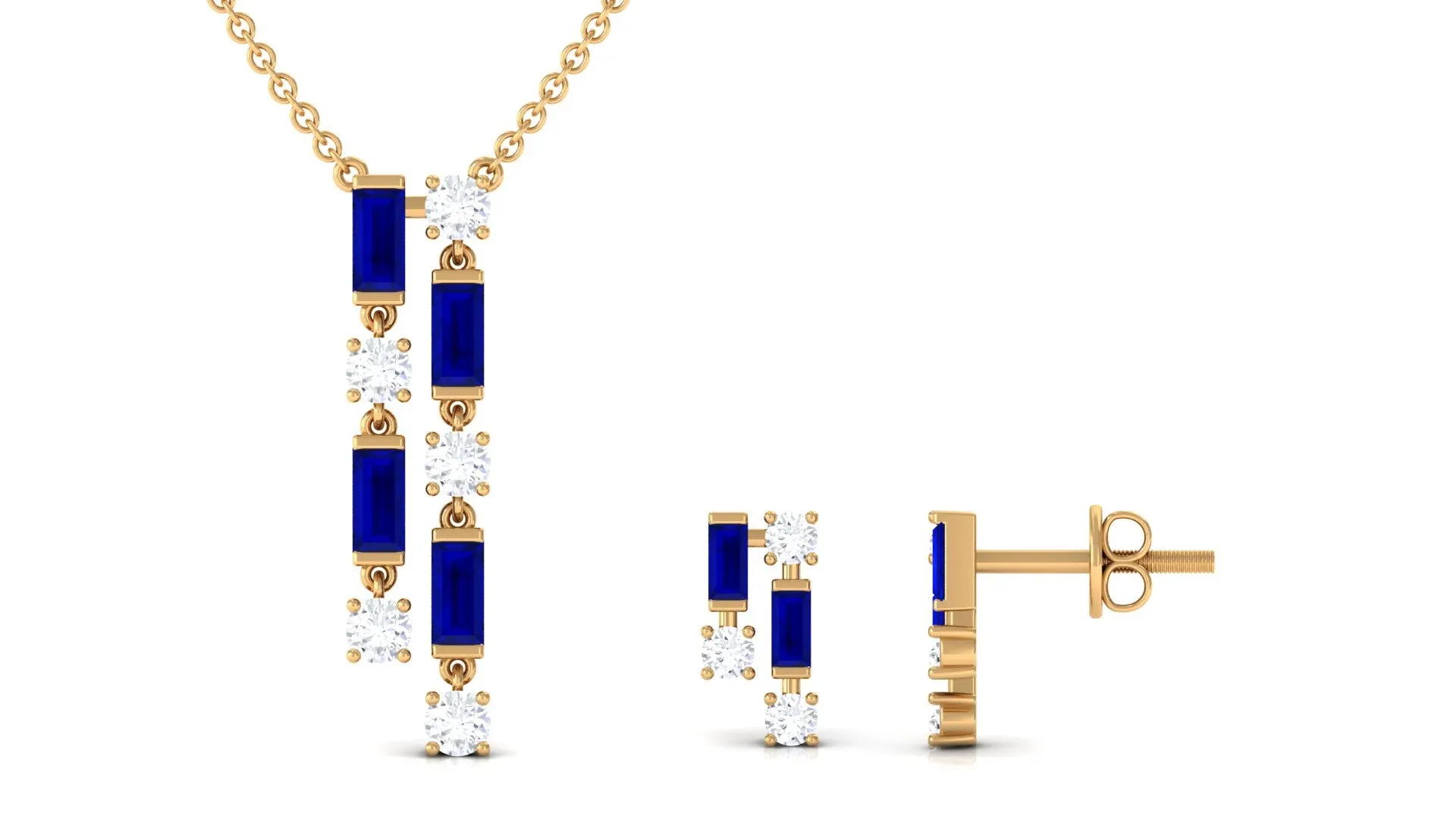Created Blue Sapphire and Diamond Dangle Jewelry Set