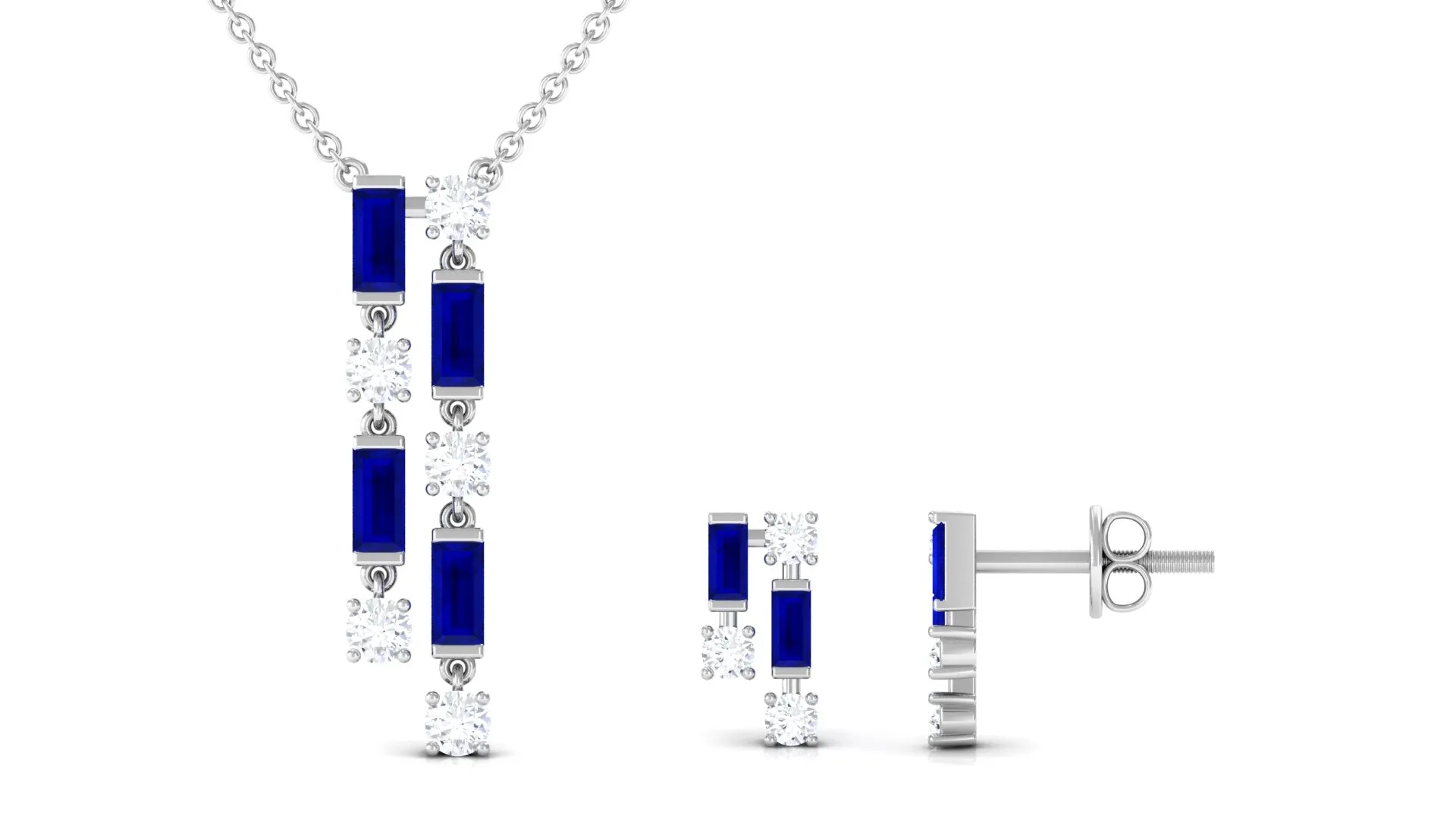 Created Blue Sapphire and Diamond Dangle Jewelry Set