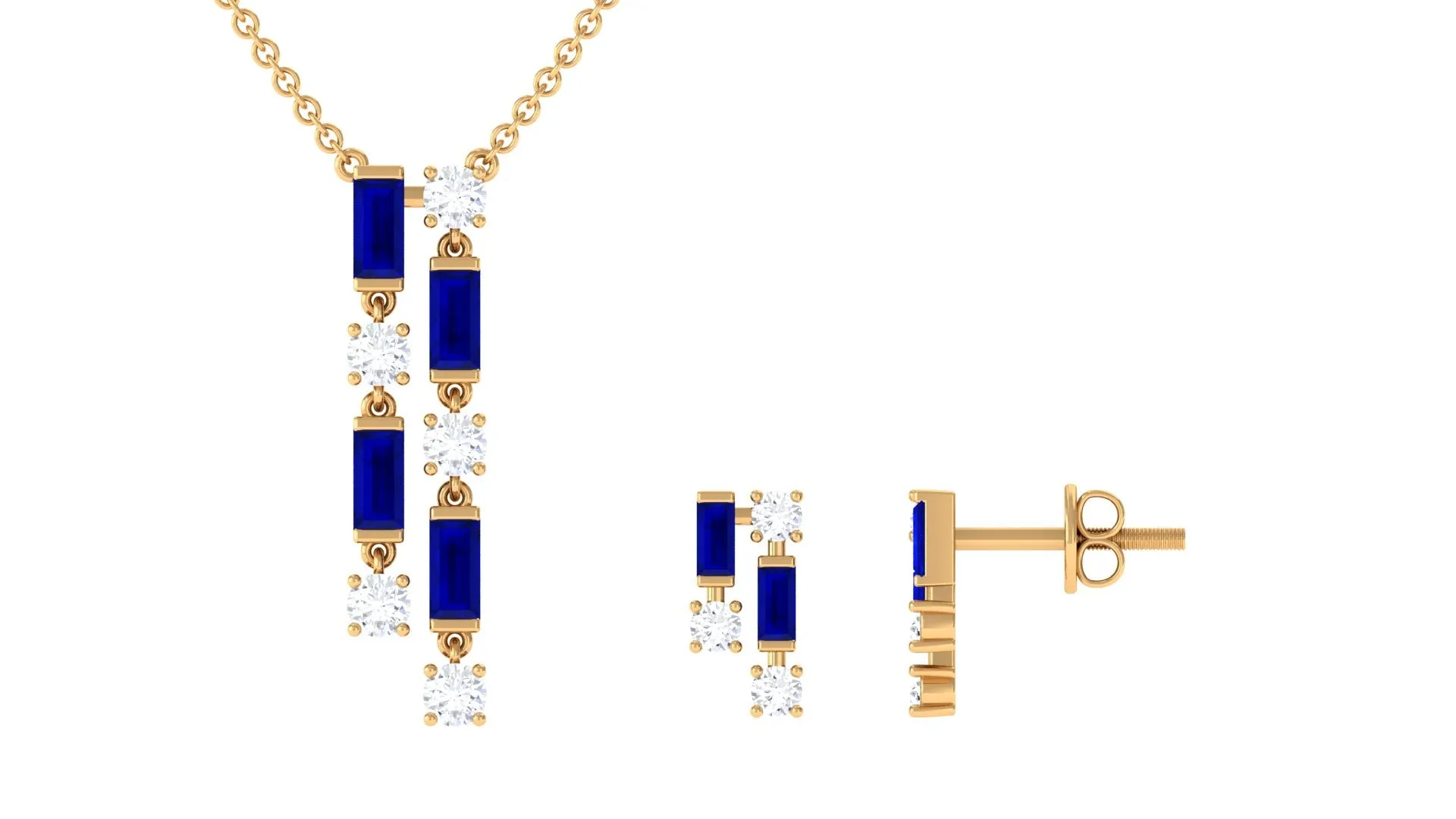 Created Blue Sapphire and Diamond Dangle Jewelry Set