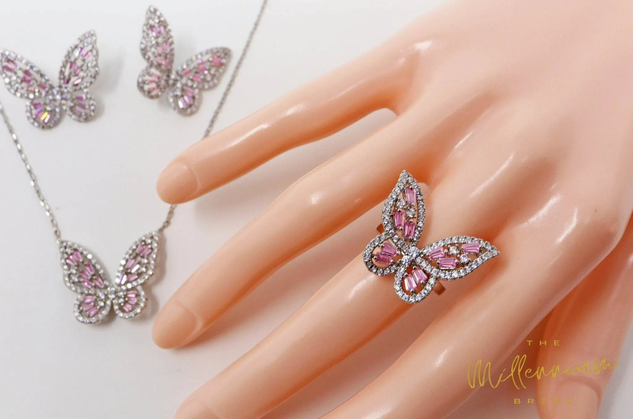 CZ pink Butterfly Necklace,Earrings And Ring Set, Swarovski Crystal Earrings, Statement Earrings, Rhinestones Hoop Earrings.