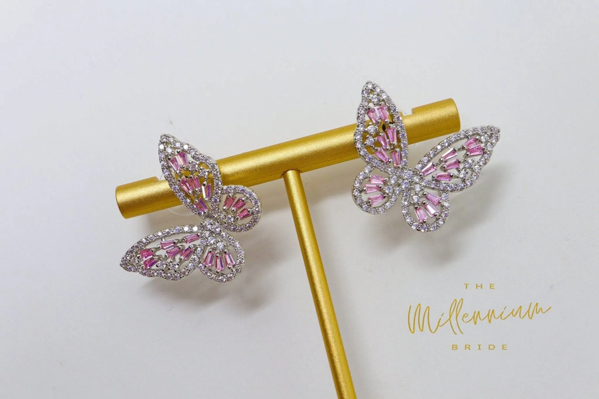 CZ pink Butterfly Necklace,Earrings And Ring Set, Swarovski Crystal Earrings, Statement Earrings, Rhinestones Hoop Earrings.