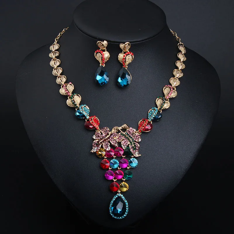 European and American light luxury crystal gem necklace and earrings set dress banquet female