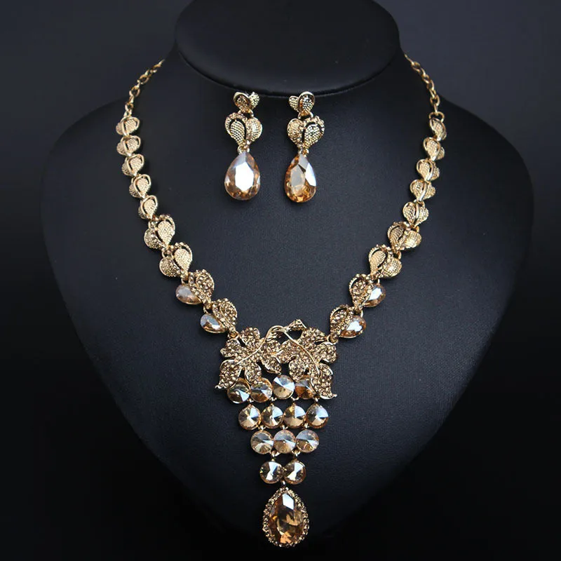 European and American light luxury crystal gem necklace and earrings set dress banquet female