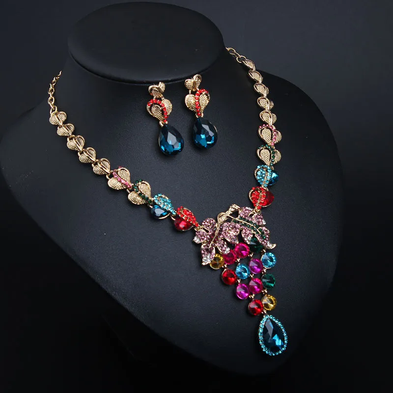 European and American light luxury crystal gem necklace and earrings set dress banquet female