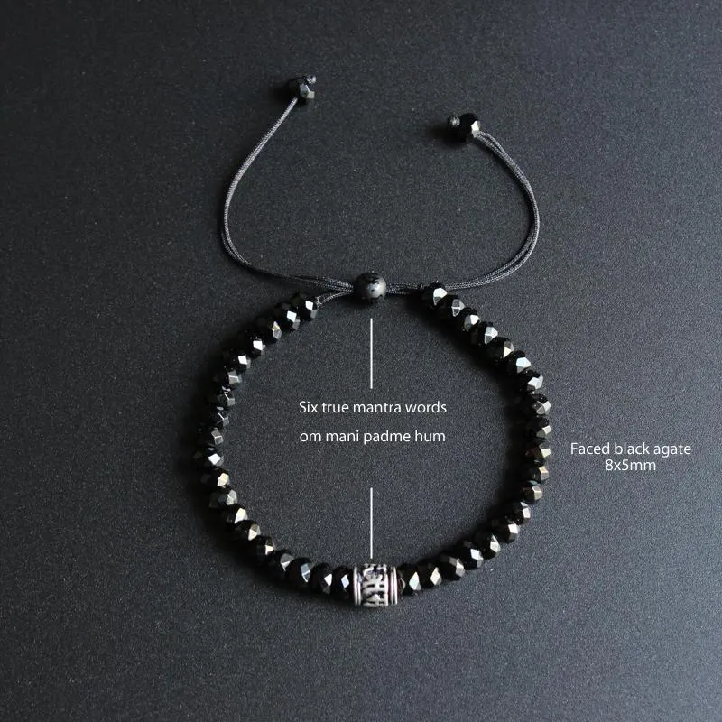 Faced Black Agate Stone White Copper Mantra Bracelet