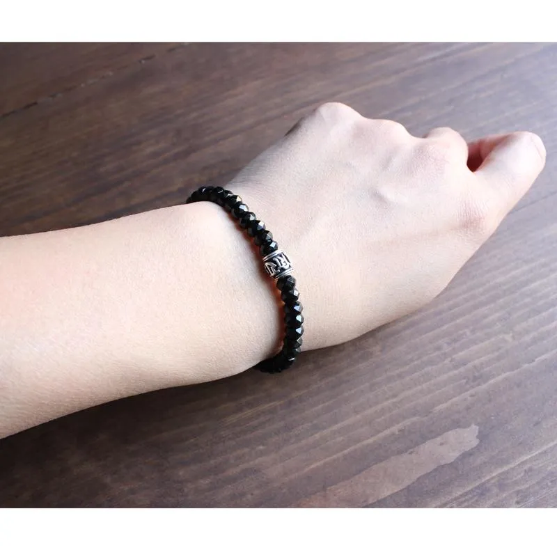 Faced Black Agate Stone White Copper Mantra Bracelet