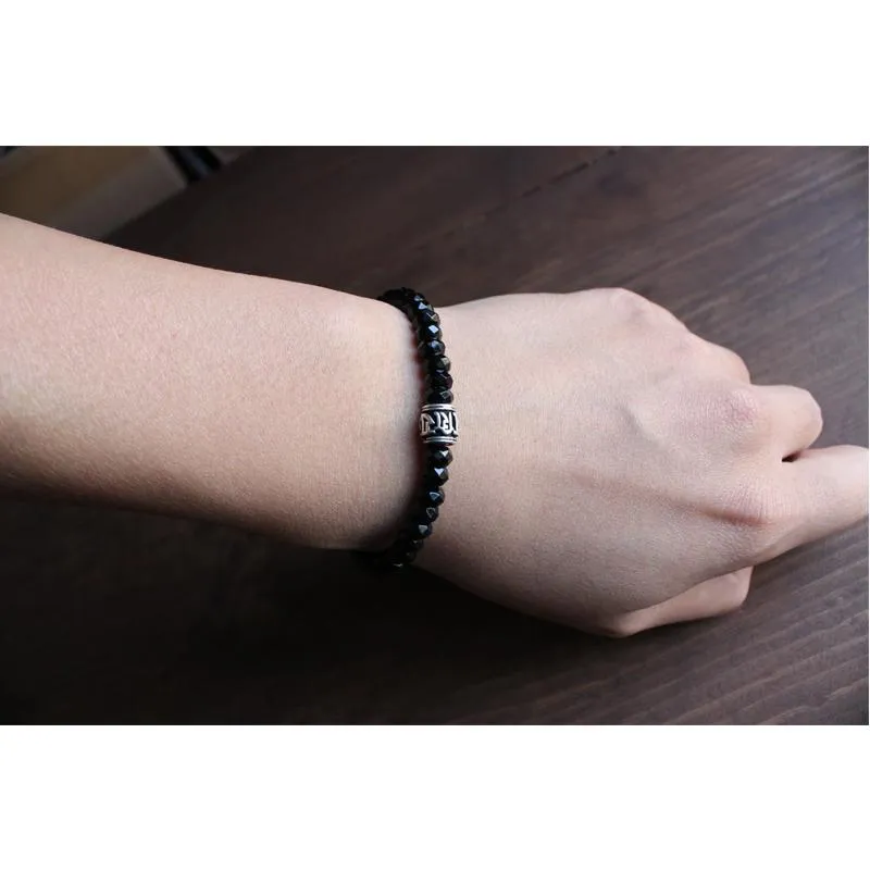 Faced Black Agate Stone White Copper Mantra Bracelet