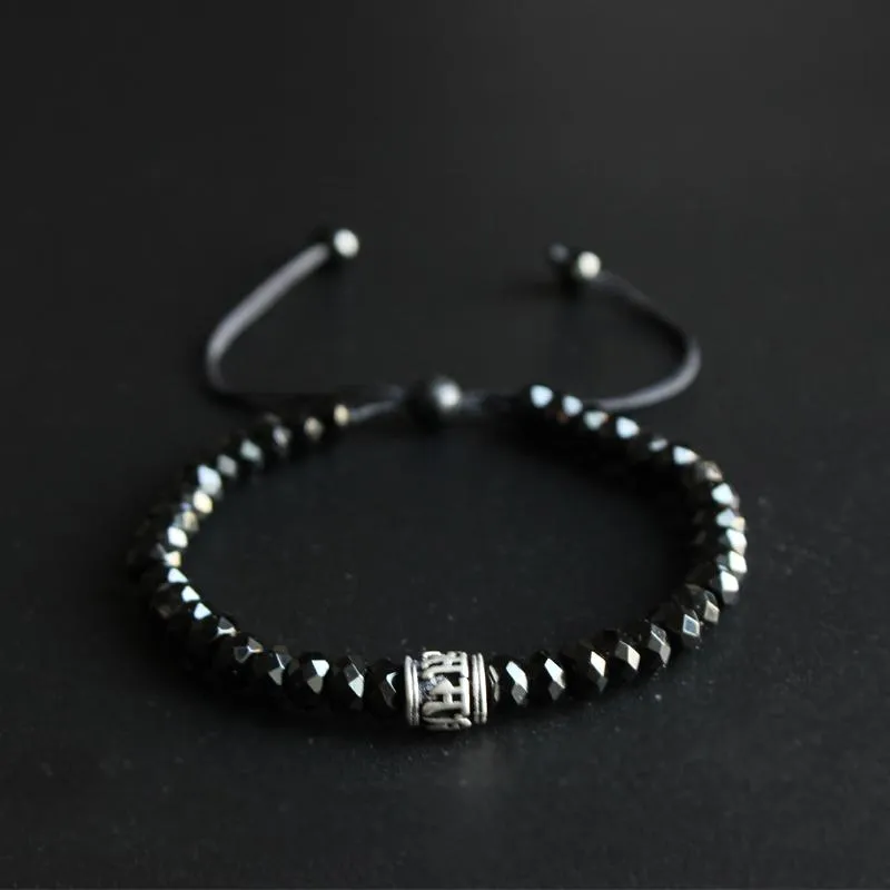 Faced Black Agate Stone White Copper Mantra Bracelet