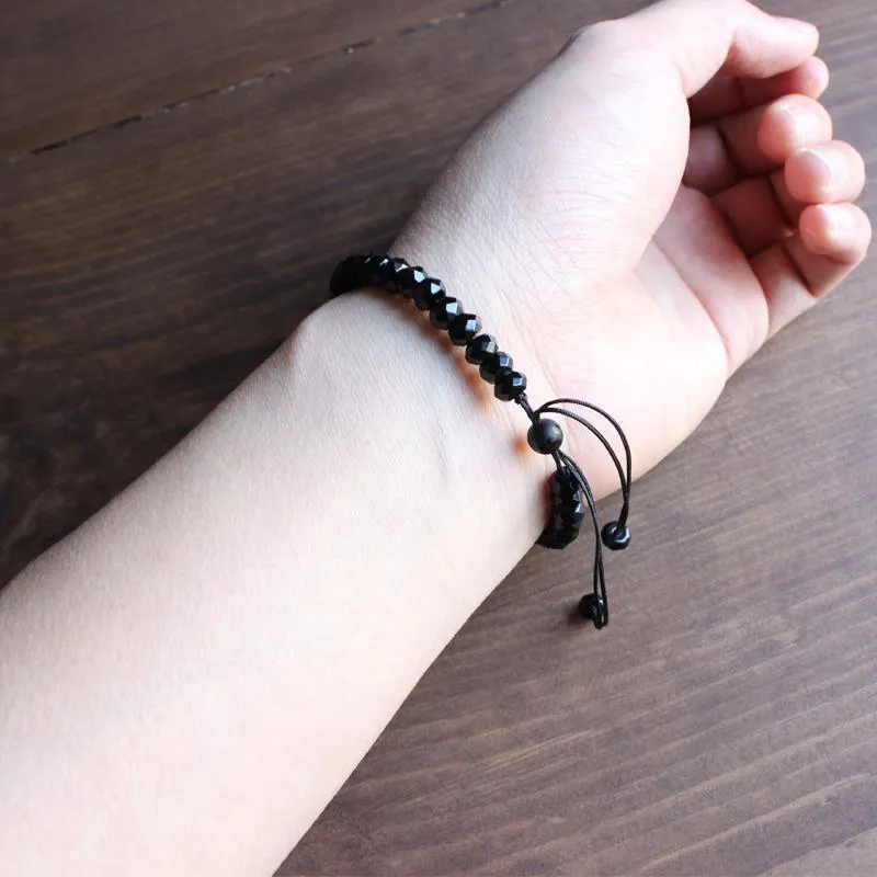 Faced Black Agate Stone White Copper Mantra Bracelet