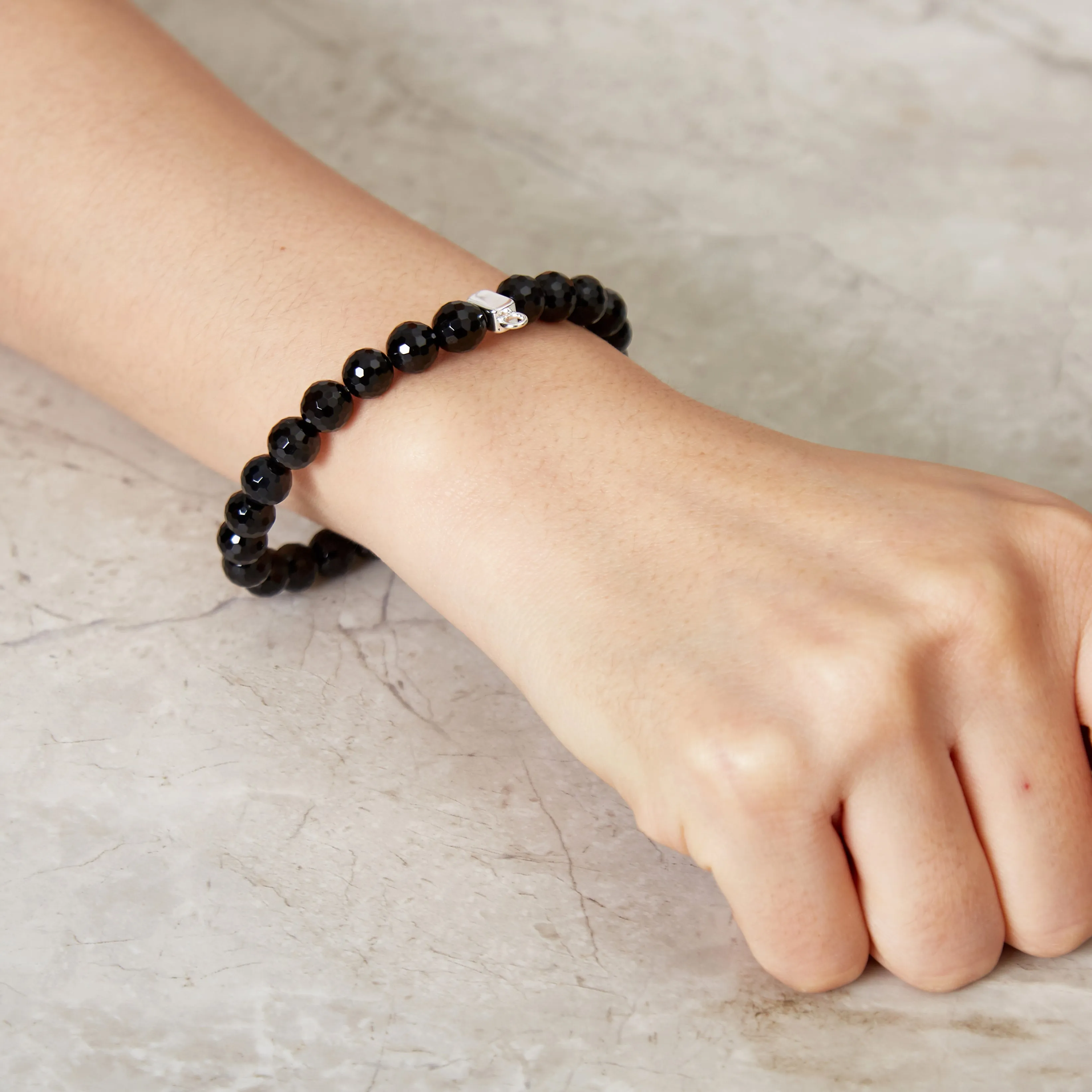 Faceted Black Onyx Gemstone Stretch Bracelet with Charm Created with Zircondia® Crystals