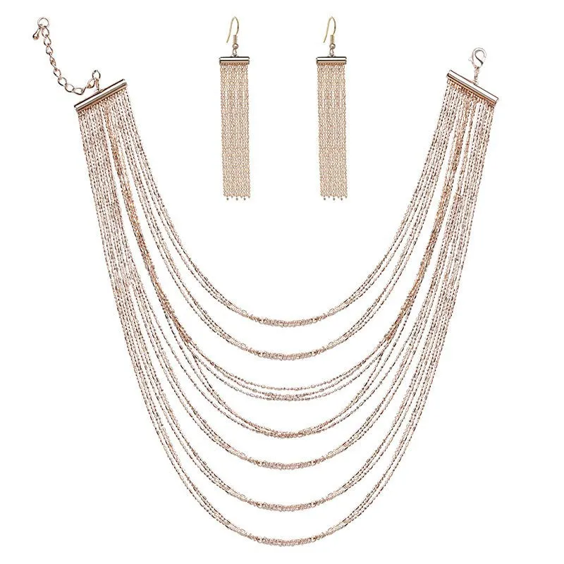 Fashion Women Bohemian Jewelry Sets Multi-Layer Golden Metal Necklaces and Tassles Earrings Ladies Gifts
