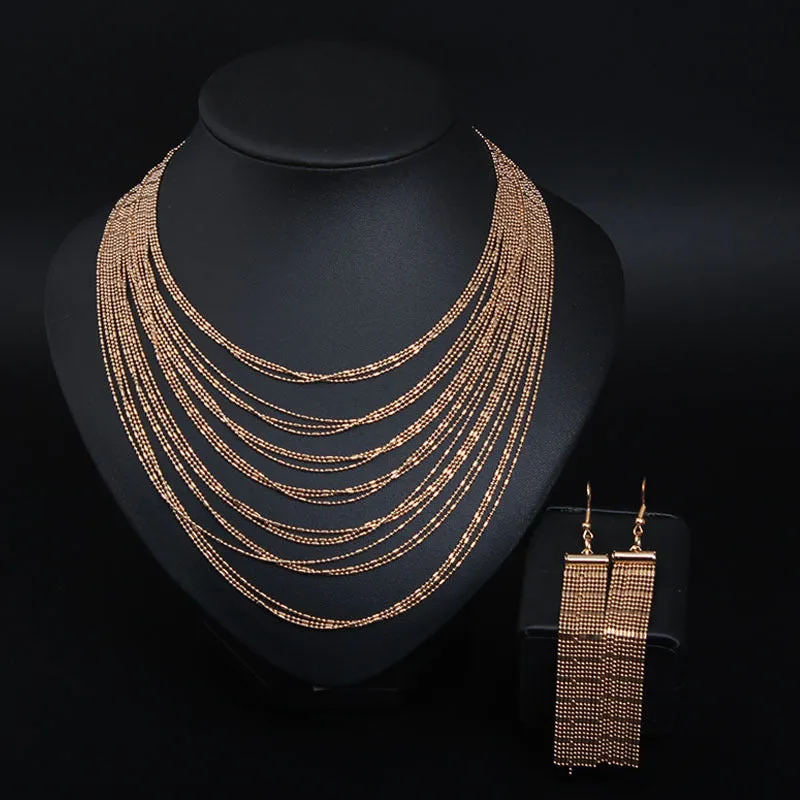 Fashion Women Bohemian Jewelry Sets Multi-Layer Golden Metal Necklaces and Tassles Earrings Ladies Gifts