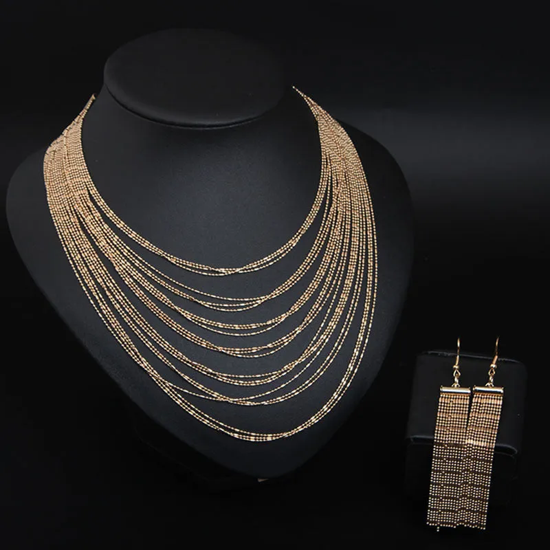 Fashion Women Bohemian Jewelry Sets Multi-Layer Golden Metal Necklaces and Tassles Earrings Ladies Gifts