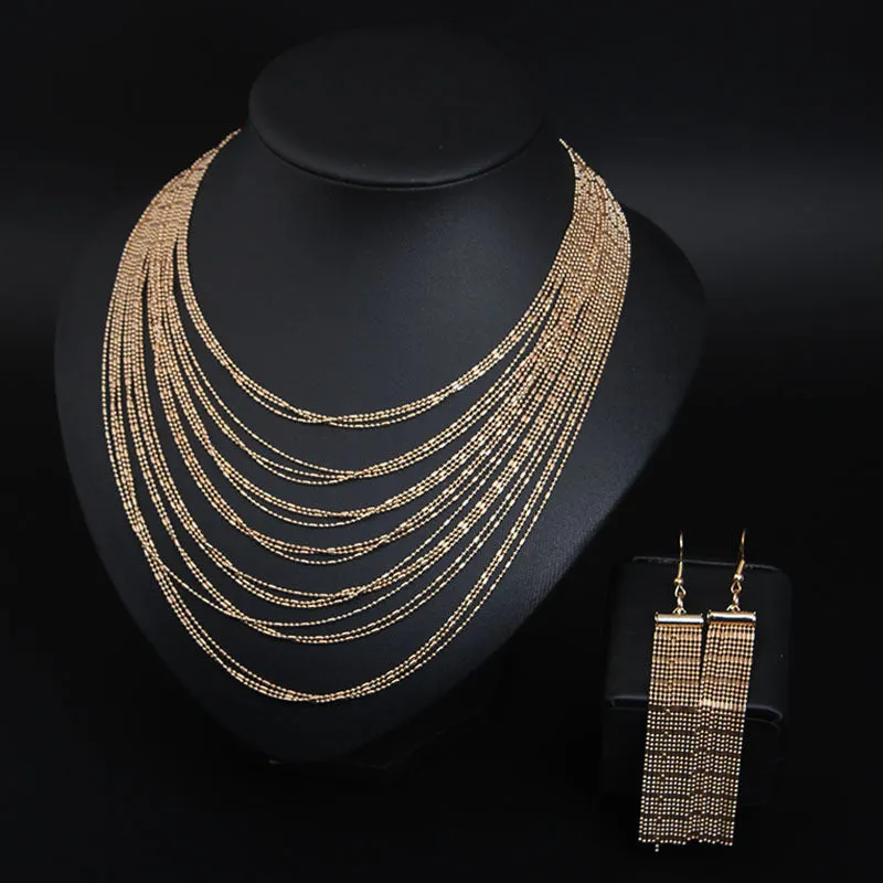 Fashion Women Bohemian Jewelry Sets Multi-Layer Golden Metal Necklaces and Tassles Earrings Ladies Gifts