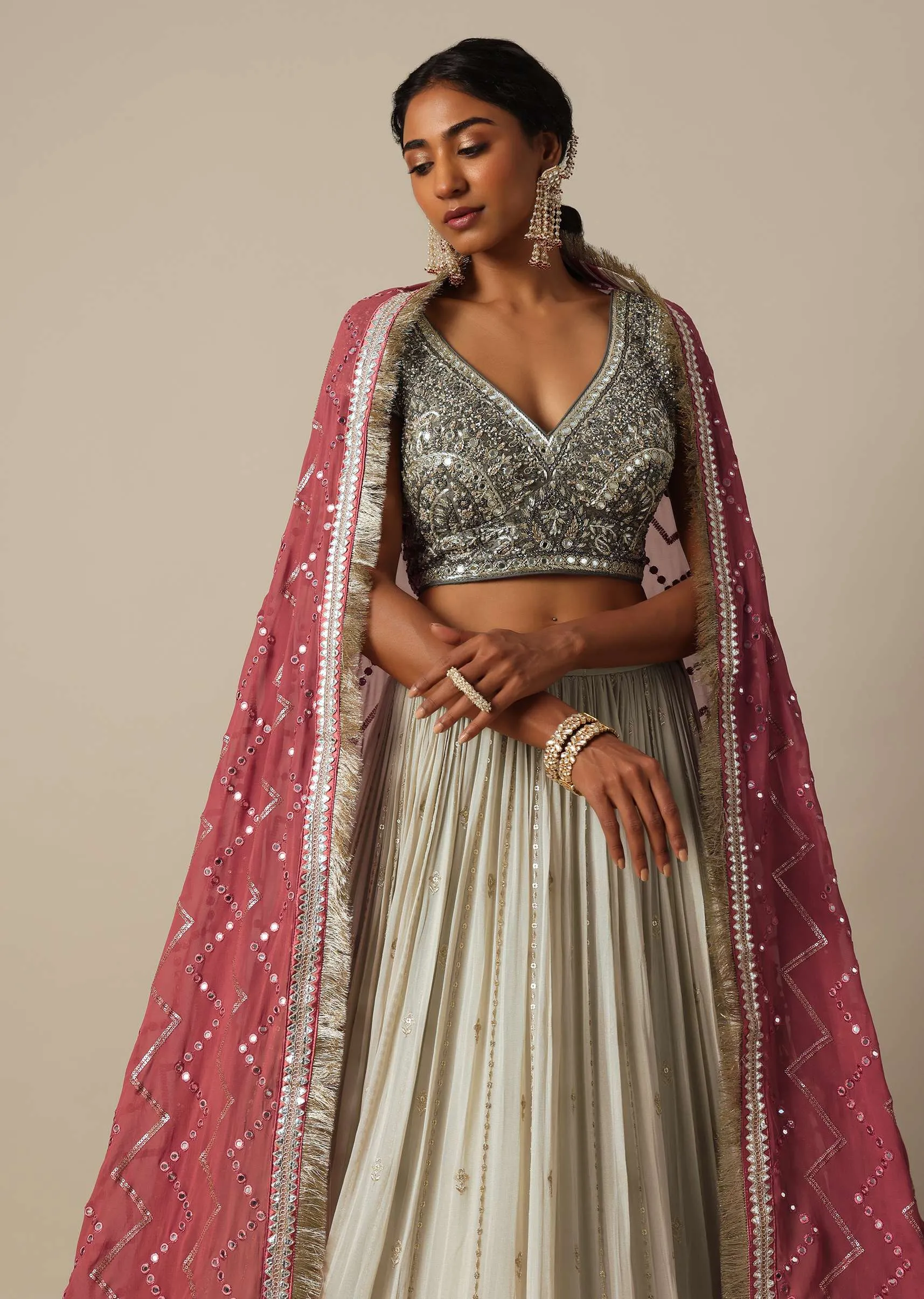 Grey Embroidered Lehenga Set With Zardozi Work