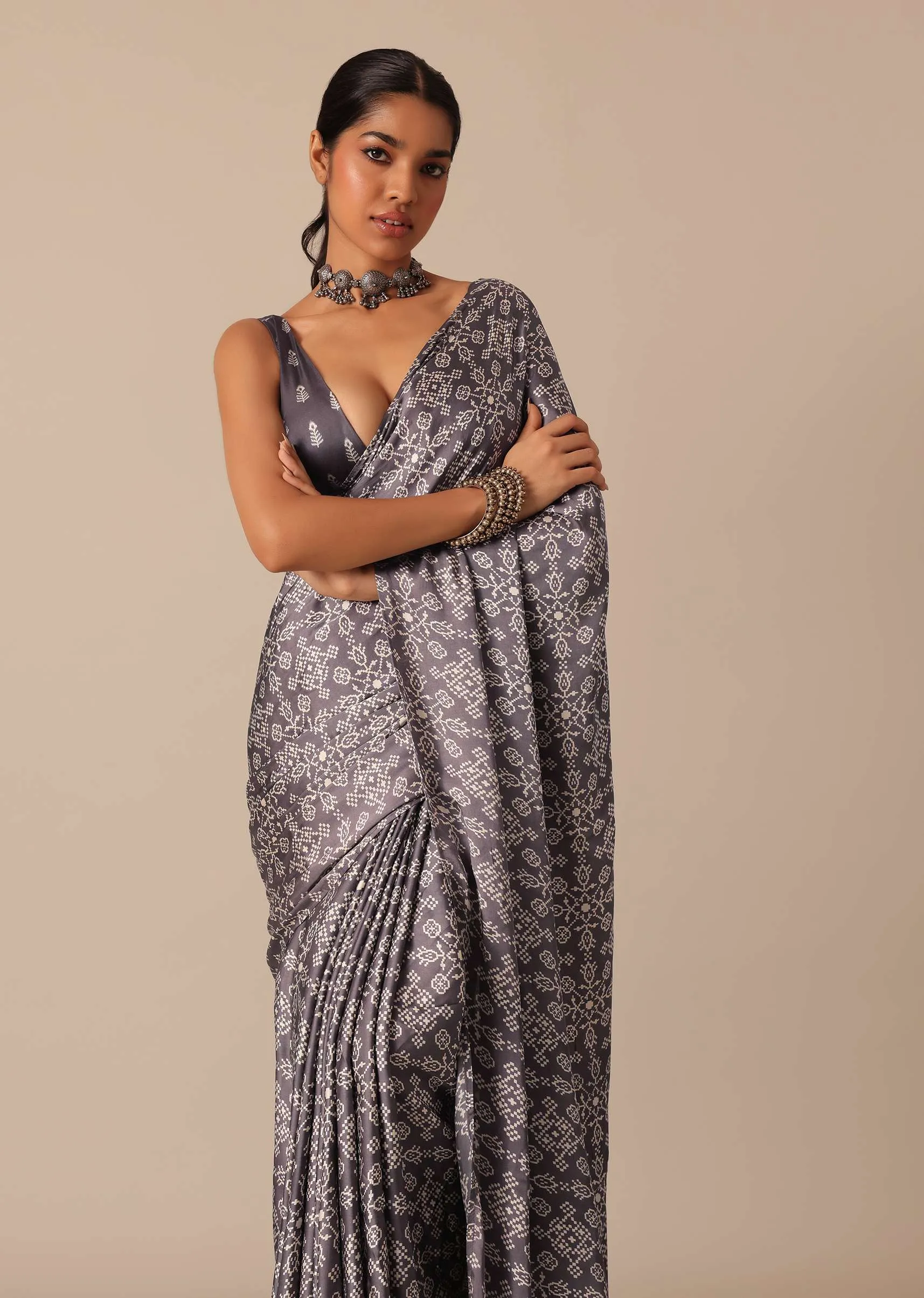 Grey Saree in Satin With Printed Detail And Unstitched Blouse Piece