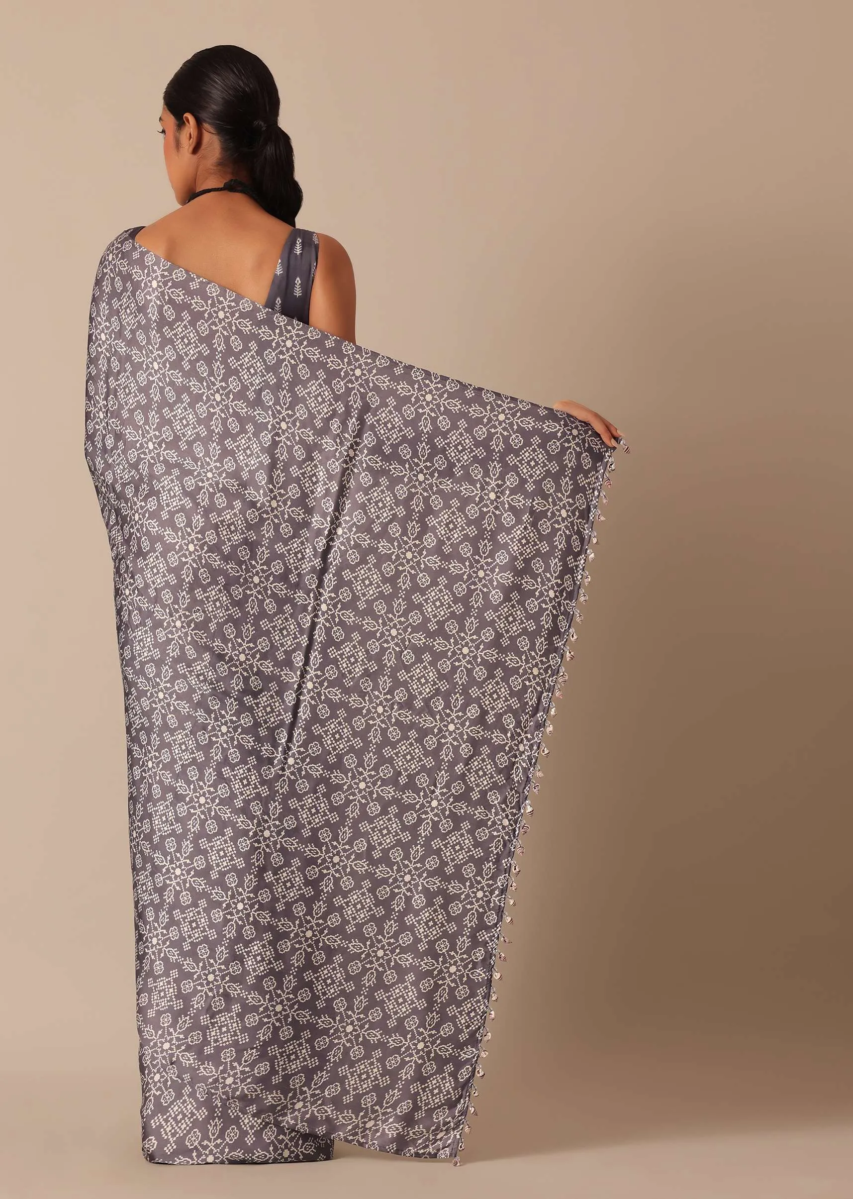 Grey Saree in Satin With Printed Detail And Unstitched Blouse Piece