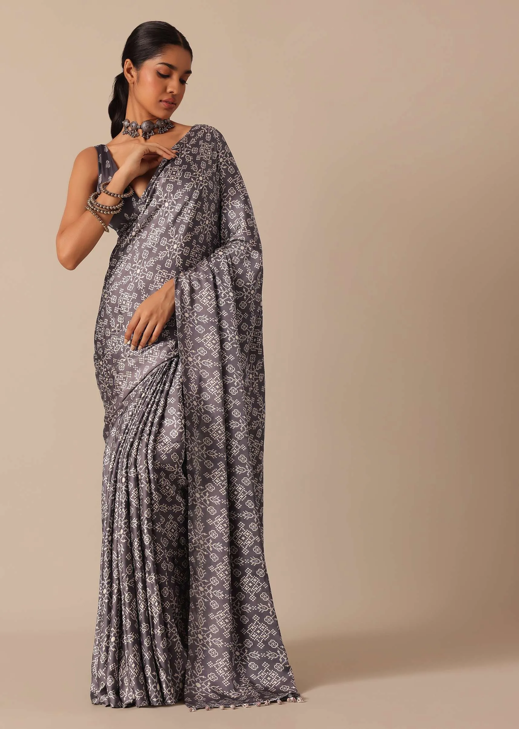Grey Saree in Satin With Printed Detail And Unstitched Blouse Piece