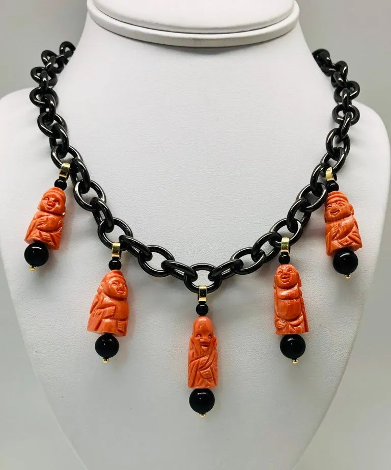 Hand Carved Italian Coral and Onyx Charm Bracelet, in Gold with Blackened Steel
