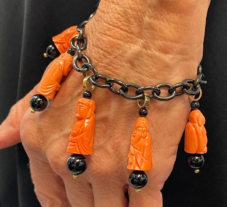 Hand Carved Italian Coral and Onyx Charm Bracelet, in Gold with Blackened Steel
