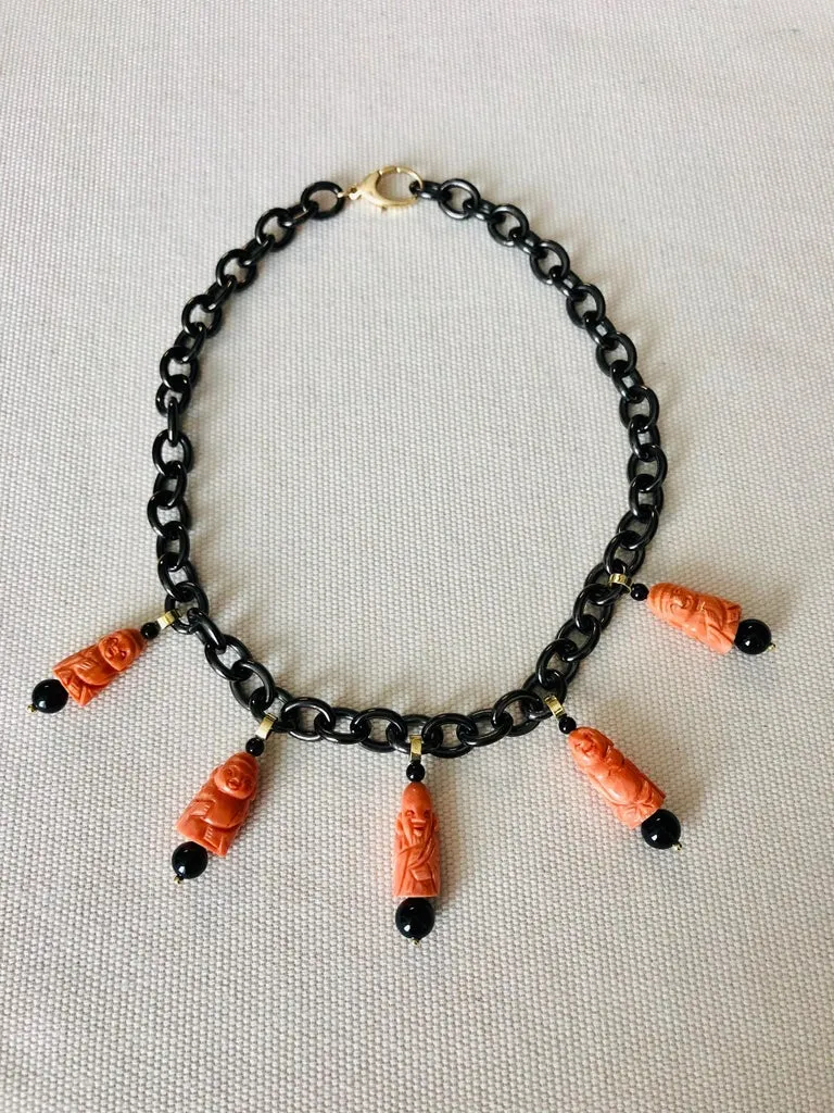 Hand Carved Italian Coral and Onyx Charm Bracelet, in Gold with Blackened Steel