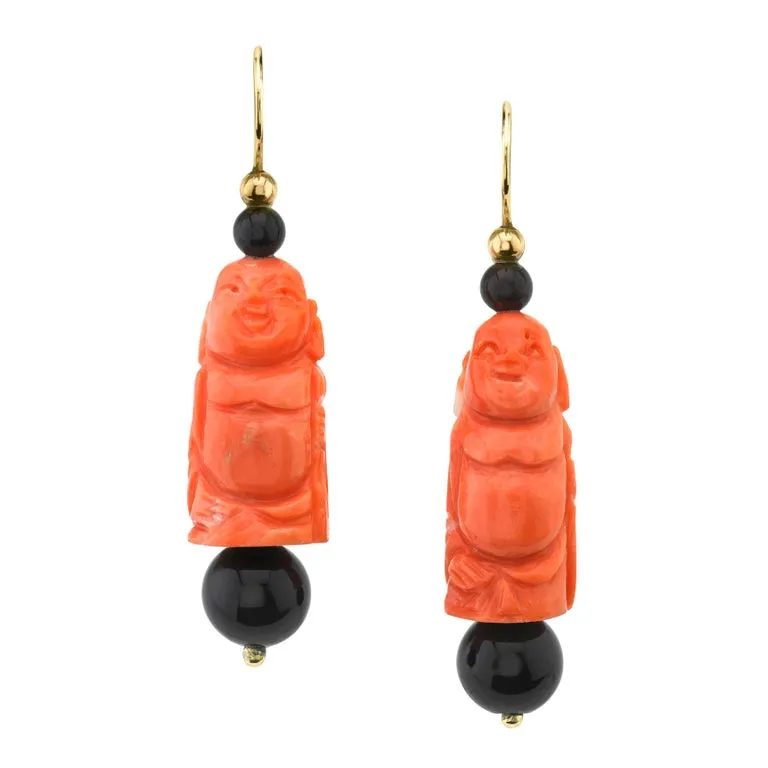 Hand Carved Italian Coral and Onyx Charm Bracelet, in Gold with Blackened Steel