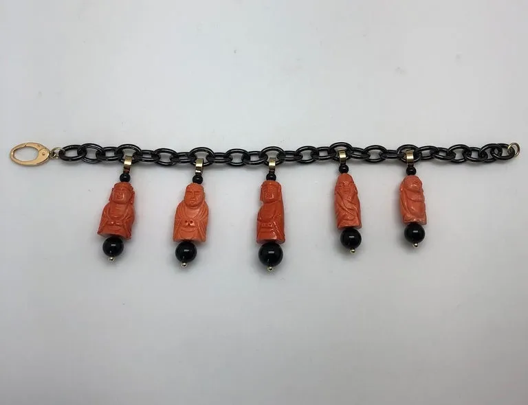 Hand Carved Italian Coral and Onyx Charm Bracelet, in Gold with Blackened Steel