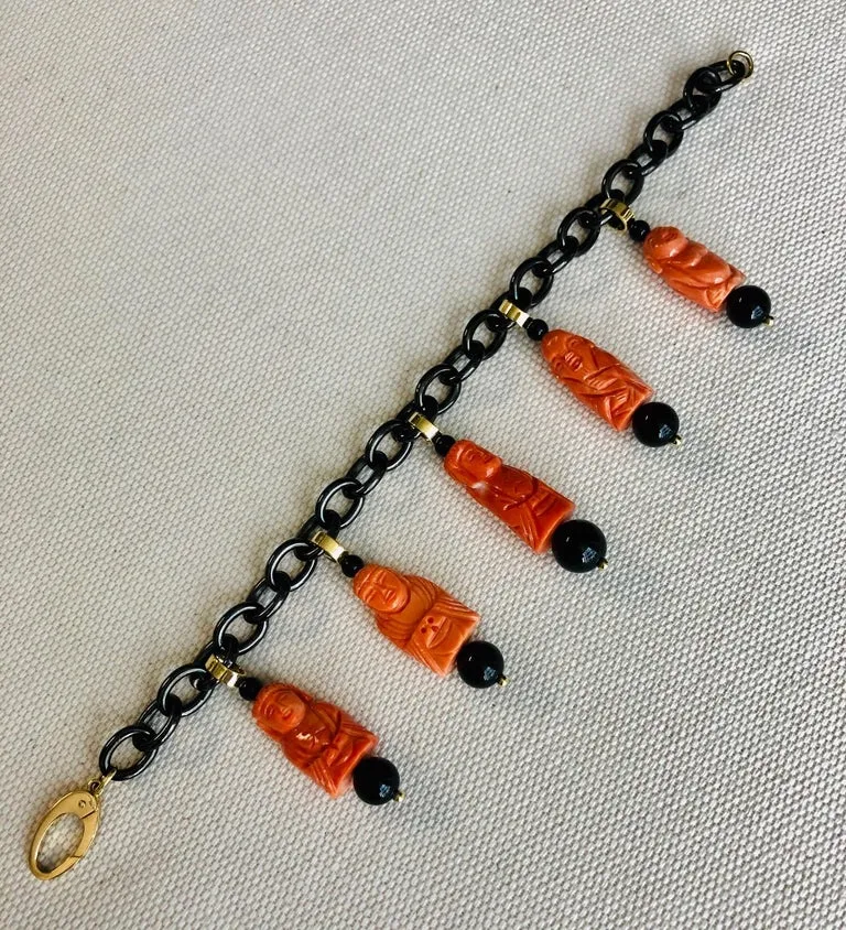 Hand Carved Italian Coral and Onyx Charm Bracelet, in Gold with Blackened Steel