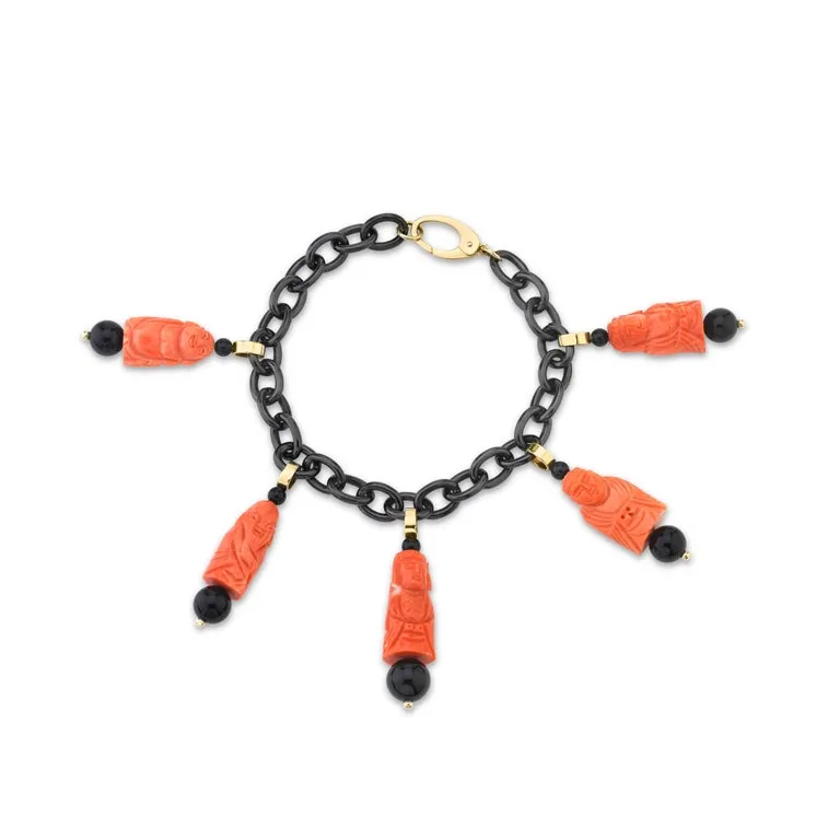 Hand Carved Italian Coral, Onyx, Yellow Gold Charm Necklace with Blackened Steel