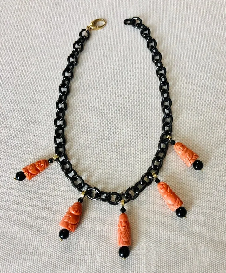 Hand Carved Italian Coral, Onyx, Yellow Gold Charm Necklace with Blackened Steel