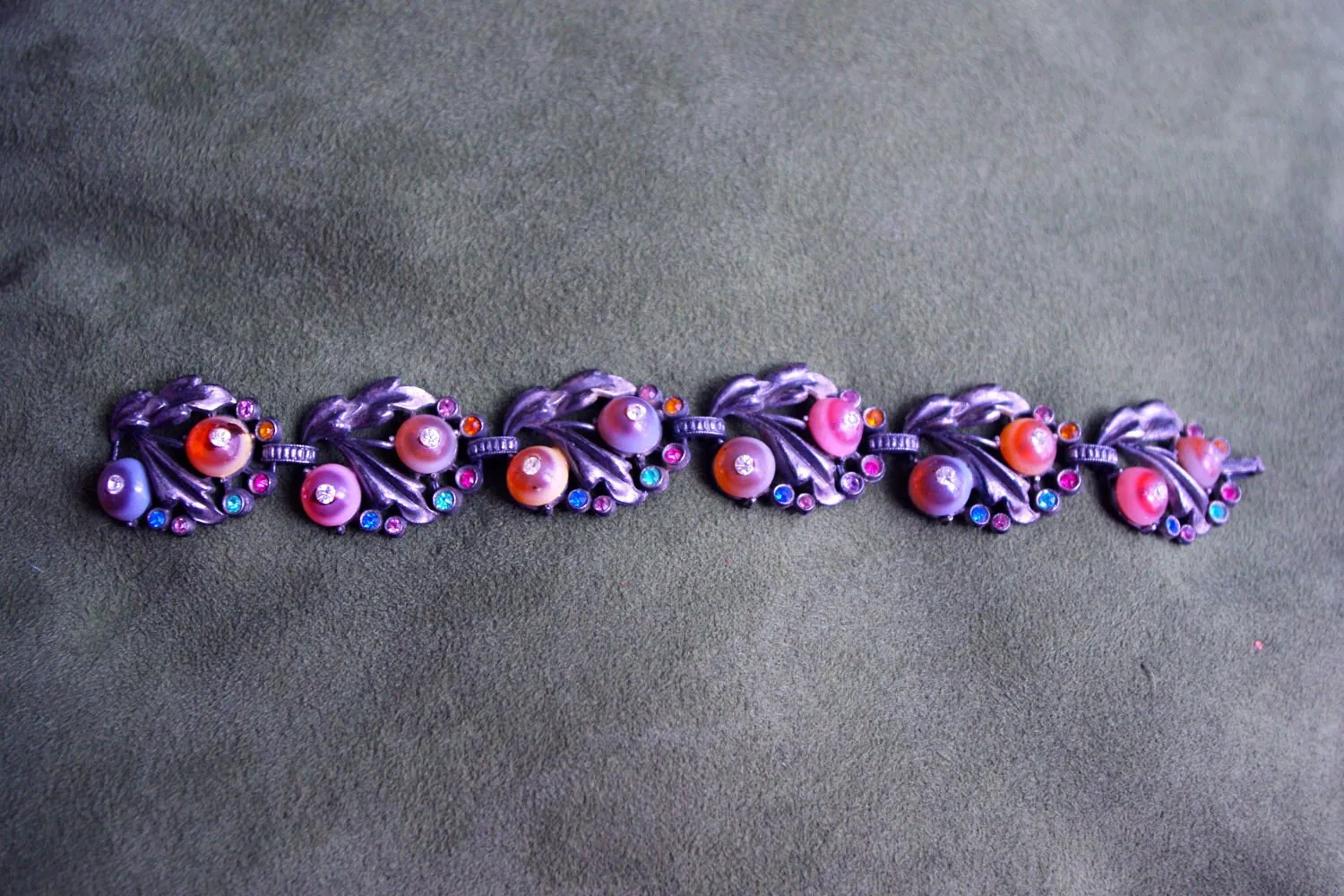 Incredible Antique Cast Pot Metal, Frosted Art Glass & Crystal Fruit Salad Panel Bracelet