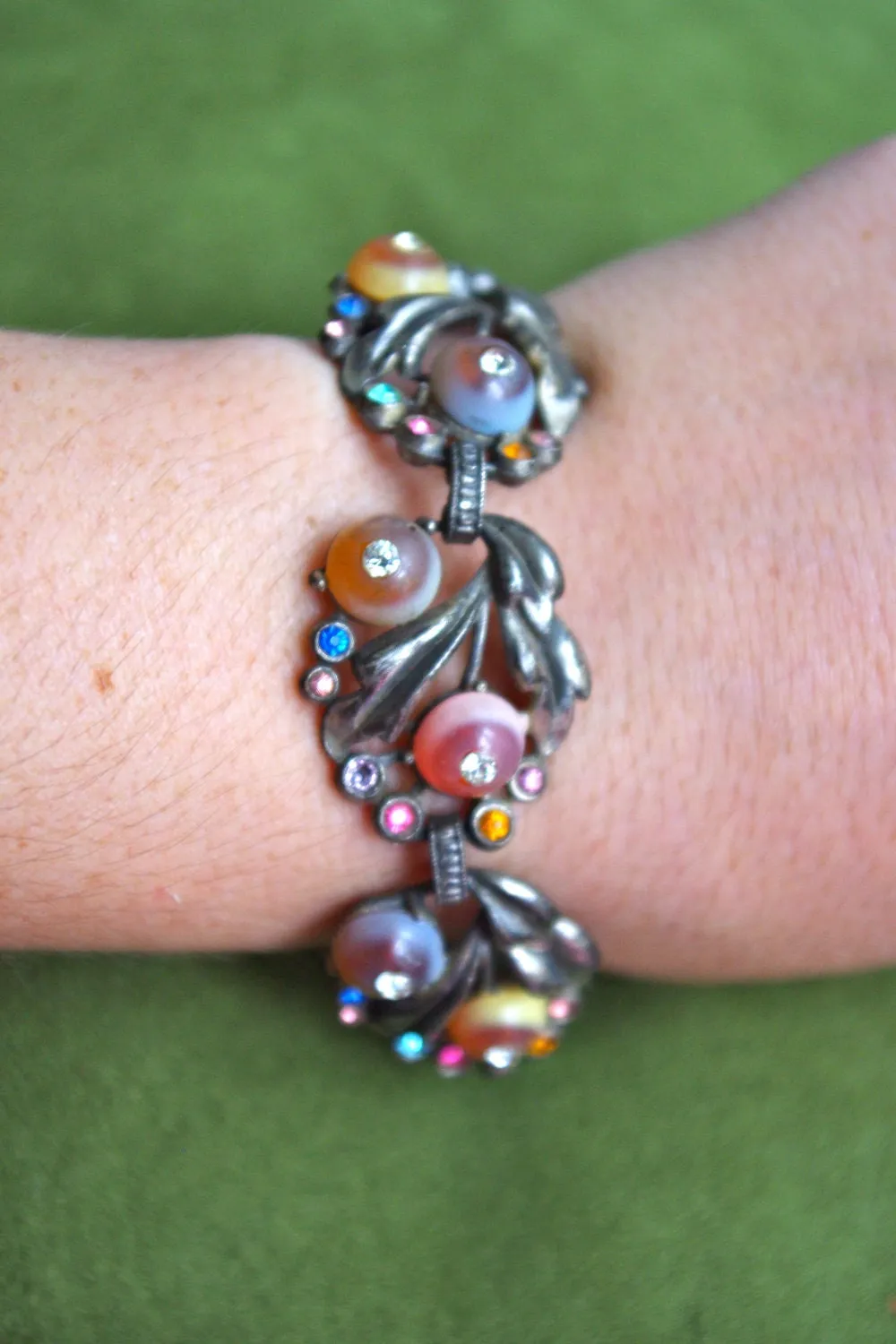Incredible Antique Cast Pot Metal, Frosted Art Glass & Crystal Fruit Salad Panel Bracelet