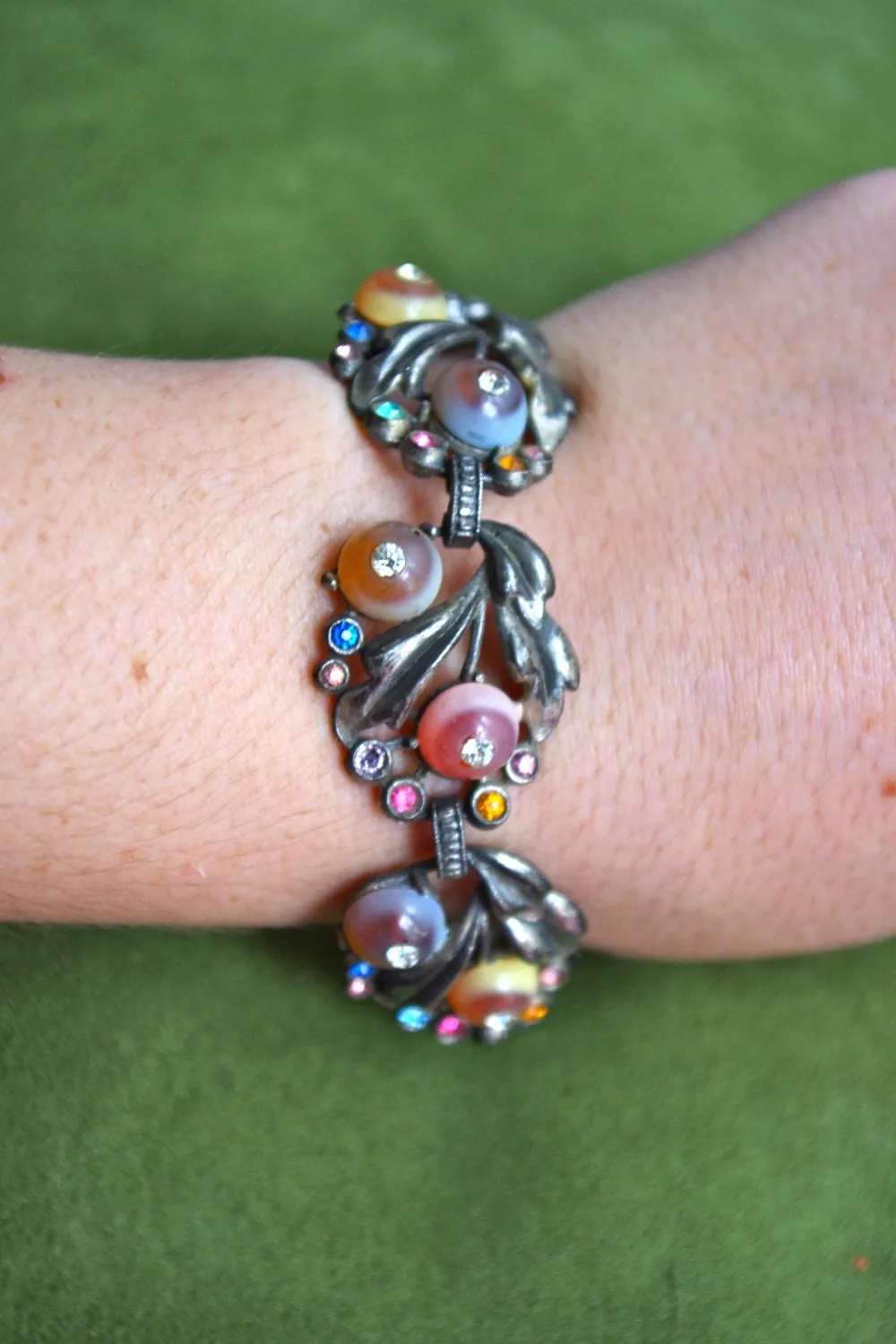 Incredible Antique Cast Pot Metal, Frosted Art Glass & Crystal Fruit Salad Panel Bracelet