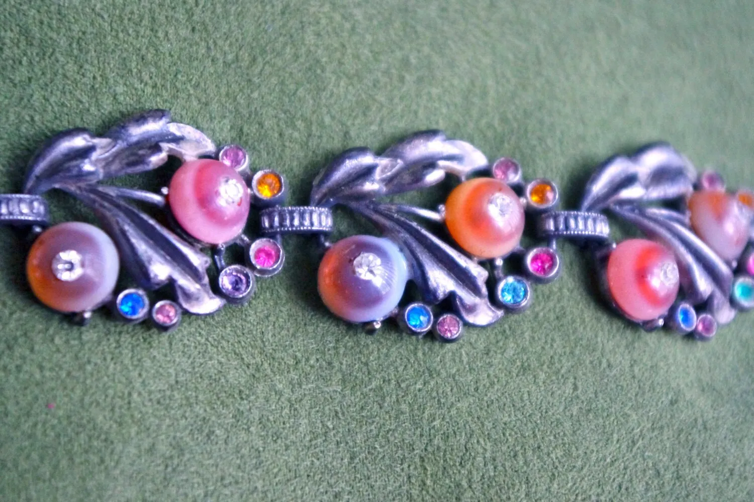 Incredible Antique Cast Pot Metal, Frosted Art Glass & Crystal Fruit Salad Panel Bracelet