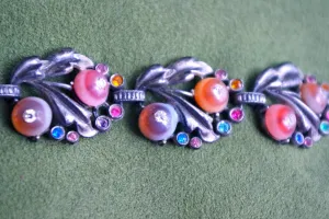 Incredible Antique Cast Pot Metal, Frosted Art Glass & Crystal Fruit Salad Panel Bracelet