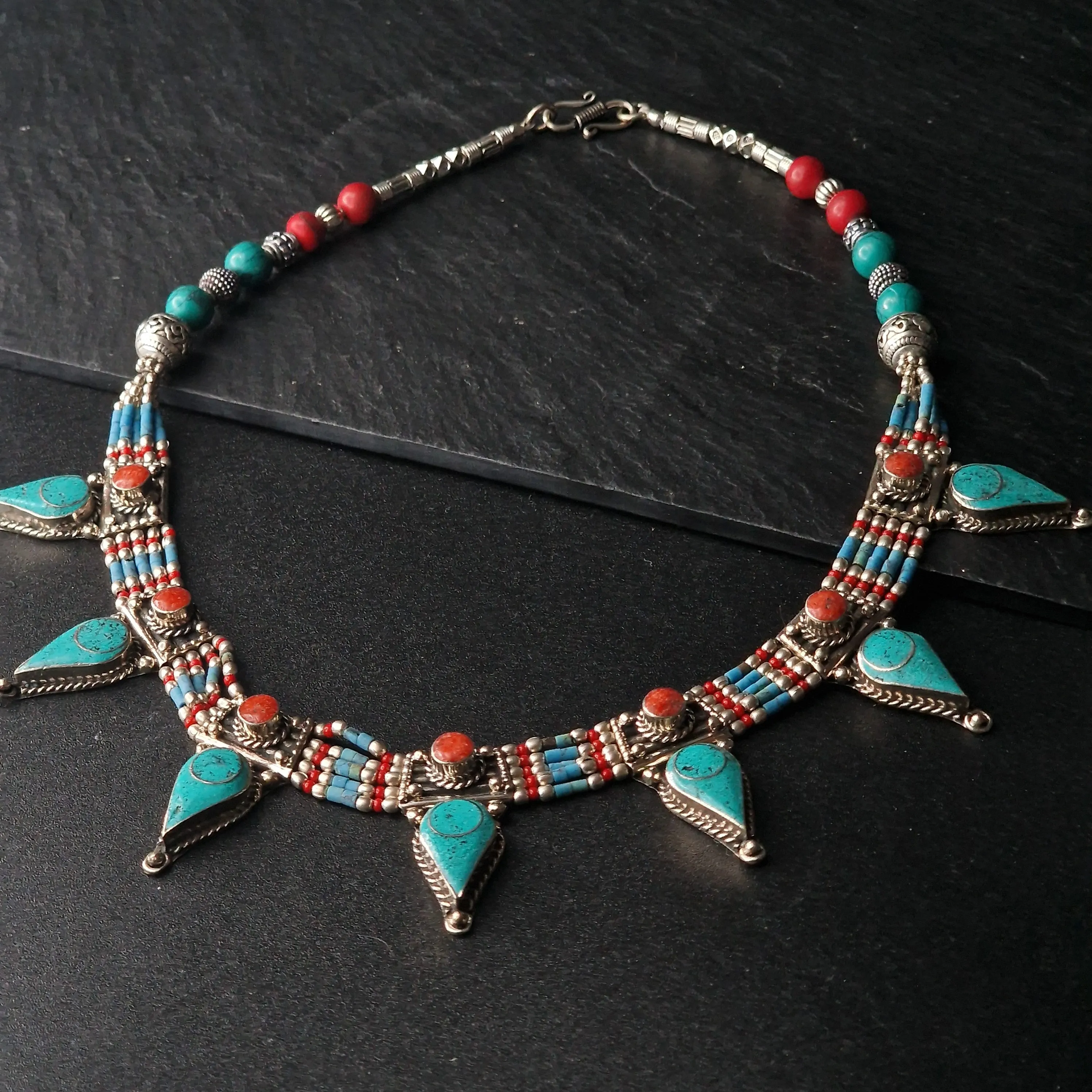 Intricate Tibetan Turquoise and Coral Handmade Silver Necklace