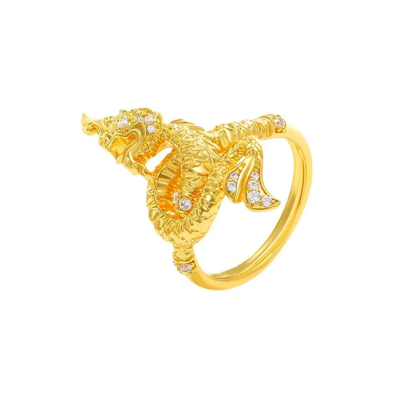 Jewelry Brass Gold Plated Fashion New Men's Coiling Dragon Ring Gold Inlaid Zirconium Domineering Dragon Head Ring