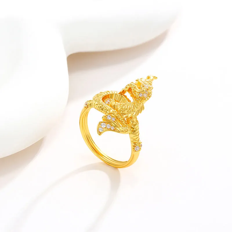 Jewelry Brass Gold Plated Fashion New Men's Coiling Dragon Ring Gold Inlaid Zirconium Domineering Dragon Head Ring