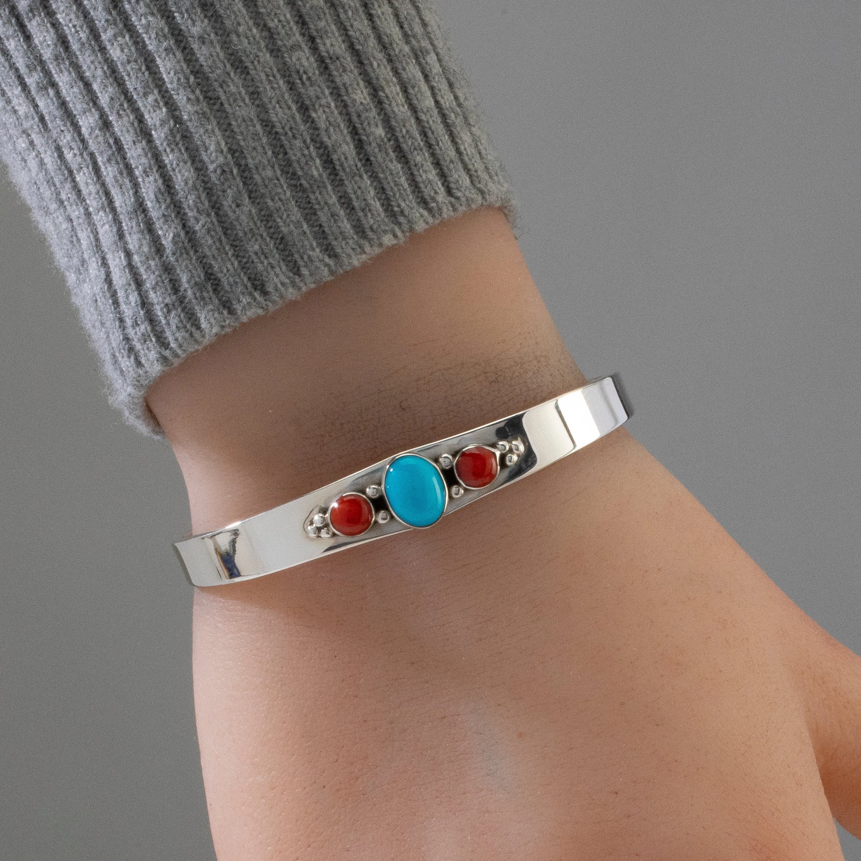 Joe Begay Coral & Turquoise Navajo USA Native American Made 925 Sterling Silver Cuff