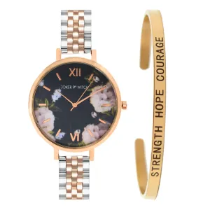 Joker & Witch Sakura Dual Tone Floral Bracelet Gift Set for Women