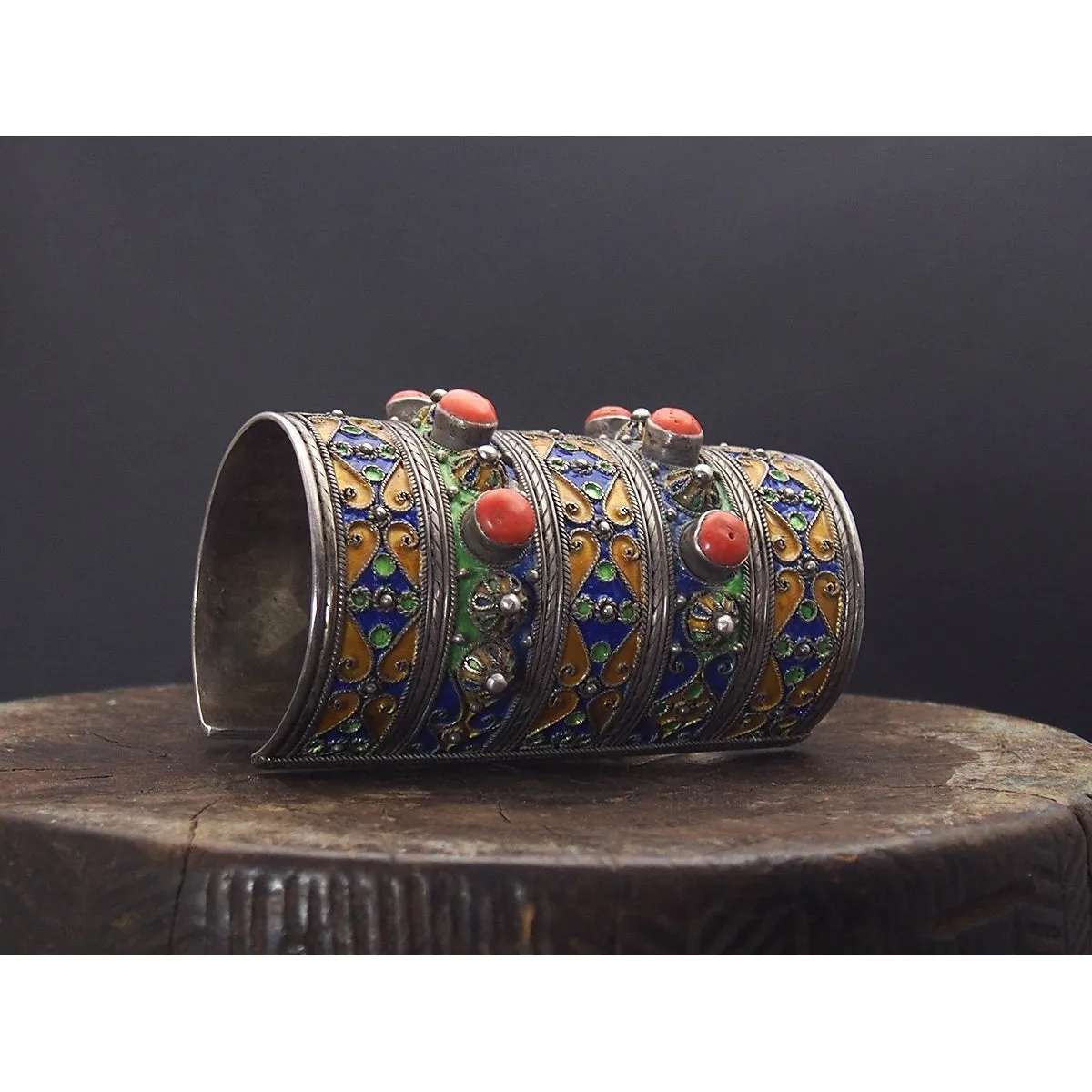 Kabyle Silver Enameled Coral Cuff Bracelet from Algeria